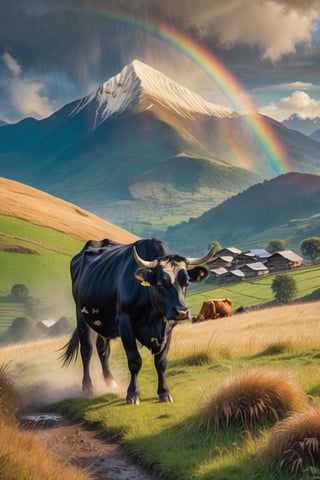 Hill with green grass, black cow, rain, mountain behind, afternoon, warm sunlight, beautiful gold dust, gold, silver,rainbow