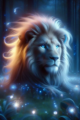 A lone male lion stands majestically under a starry night sky, one of his horns shining with a soft, ethereal light. The surrounding lawn glows with the soft light of fireflies, and nearby trees cast long shadows on the ground. The blue theme continues with a lonely flower blooming in the darkness in the distance. The male lion's piercing blue eyes seem to have a deep connection to the celestial canvas above.