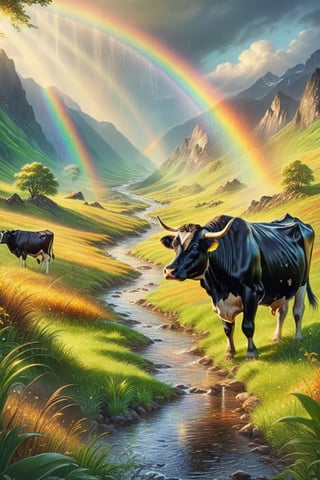 Hill with green grass, black cow, rain, mountain behind, afternoon, warm sunlight, beautiful gold dust, gold, silver, rainbow, stream water