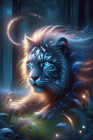 A lone tiger stands majestically under the starry night sky, one of its horns shining with a soft, ethereal light. The surrounding lawn glows with the soft light of fireflies, and nearby trees cast long shadows on the ground. The blue theme continues with a lonely flower blooming in the darkness in the distance. The tiger's piercing blue eyes seem to have a deep connection to the celestial canvas above.