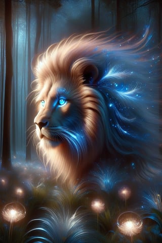 A lone male lion stands majestically under a starry night sky, one of his horns shining with a soft, ethereal light. The surrounding lawn glows with the soft light of fireflies, and nearby trees cast long shadows on the ground. The blue theme continues with a lonely flower blooming in the darkness in the distance. The male lion's piercing blue eyes seem to have a deep connection to the celestial canvas above.
