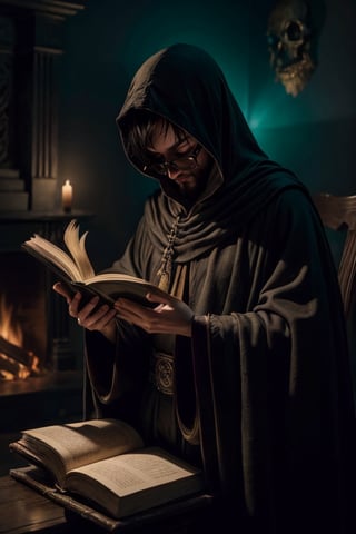 A darkened chamber, lit only by the flickering flames of a crackling fire. A figure sits, hood drawn over their face, surrounded by the shadows. Clad in a long, black robe, they hold an open book, illuminated by the fire's warm glow. The air is thick with mystery as they read from the ancient tome, a human skull nestled beside them like a macabre bookmark.