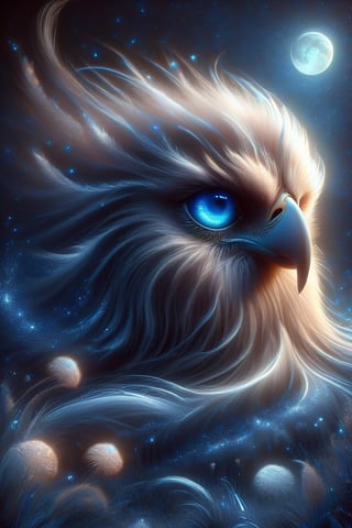 An eagle is flying majestically above the moonlit and starry night sky, its beak shining with a soft, ethereal light. There are clouds with shining moonlight and stars floating around, and the blue theme continues with the lonely moonlight blooming in the darkness in the distance. The eagle's piercing blue eyes seem to have a deep connection to the celestial canvas above.