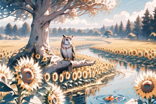 
Here's the prompt translated into English:

"At the edge of a pond, beautiful sunflowers bloom. Sitting quietly at the edge of the sunflower field is a tiger. Contrary to its wild nature, the tiger calmly observes its surroundings. Meanwhile, deep within the sunflower field, an owl perches on a tree, silently contemplating something. Suddenly, a carp emerges from the pond's surface. How do these four elements connect, and what message does this story convey?"