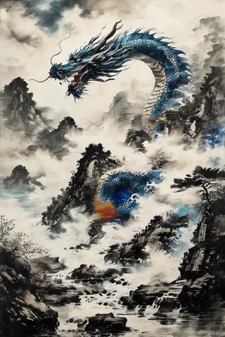 (8K, original, highest quality, famous photo: 1.2), (current, real photo: 1.3), ((3D lighting, aura)),

Blue dragon, summer, broad daylight, noon, 12pm, sea, mythical clouds, ink landscape, Chinese dragon, mountains