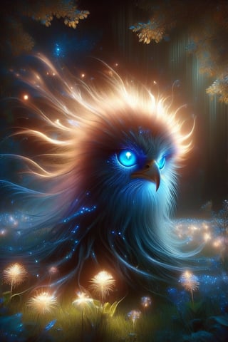 Under the starry night sky, a lonely eagle is flying majestically, its beak shining with a soft and ethereal light. The surrounding lawn glows with the soft light of fireflies, and nearby trees cast long shadows on the ground. The blue theme continues with a lonely flower blooming in the darkness in the distance. The eagle's piercing blue eyes seem to have a deep connection to the celestial canvas above.