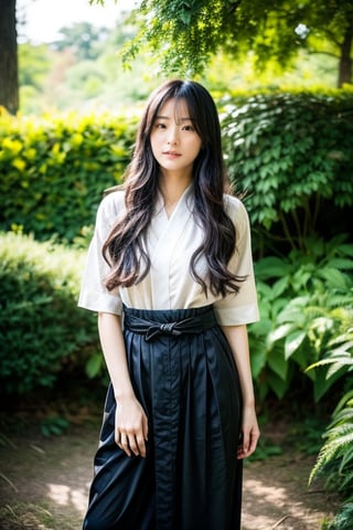 A serene scene unfolds: a lone girl, adorned in traditional Japanese attire and hakama pants, stands tall amidst the gentle rustle of leaves. Her long black hair flows behind her like a dark waterfall as she holds a delicate fan to shield herself from the soft breeze carrying the whispers of falling maple leaves. The moon casts an ethereal glow above, illuminating the tree's branches that seem to sway in harmony with her movements.