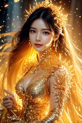 (8K, original photo, highest quality, masterpiece: 1.2), (current, realistic: 1.3), (sharp focus on chest), ((3D lighting, aura, bright rays, bright color reflection,)), classic and brilliant beauty A gorgeous golden goddess radiating . Wearing a golden dress, she reveals her opulence with abundant elegance. Her serene golden locks flow gracefully, complementing her glorious smile. Her eyes sparkle gold, as if radiating light wherever she looks. The elegantly loose hairstyle exudes a sophisticated charm that seems to be dancing in the wind. In her hands she holds a golden holder decorated with flowers, surrounded by vibrant flowers and butterflies. The area around the goddess shines in gold, naturally creating a fantastic play of light and shadow. Sunlight surrounds her, creating a fascinating interplay of light and shadow. The appearance of the goddess exudes a serene yet majestic atmosphere. Even in fantastic scenes, she solidifies her presence as a golden goddess and captures attention.,1 girl,ghostrider,little_cute_girl,xuer Gold
