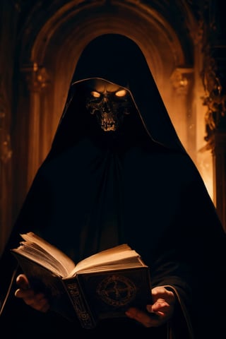 A darkened chamber, lit only by the flickering flames of a crackling fire. A figure sits, hood drawn over their face, surrounded by the shadows. Clad in a long, black robe, they hold an open book, illuminated by the fire's warm glow. The air is thick with mystery as they read from the ancient tome, a human skull nestled beside them like a macabre bookmark.