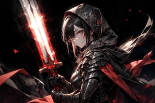 solo, red eyes, 1girl, holding, weapon, male focus, sword, hood, holding weapon, armor, torn clothes, glowing, holding sword, gauntlets, cloak, hood up