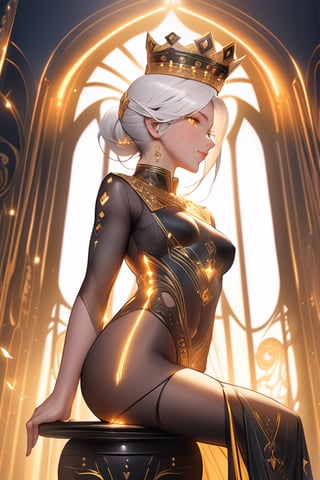 (Masterpiece:1.2), best quality, (illustration:1.2), (ultra-detailed), hyper details, (delicate detailed), (intricate details), (cinematic light, best quality Backlights), clear line, from below, solo female, perfect body, (1girl), white hair, glowing yellow eyes, (emperor, black see-through clothes),(crown:1.1), sitting on Throne, slightly close eyes, looking downward, turn head, ( shy:1.2), ((makeup)), high contrast, (best illumination, an extremely delicate and beautiful), ((cinematic light)), colorful,