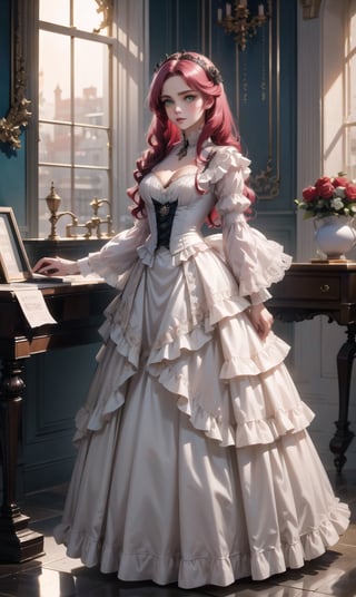 dark_academy, perfect face, perfect finger, gothic dress, vampire queen, wavy hair, see_through, transparent fabric, addams family, lace, roses, (black_rose: 0.8), thorns, bare_legs, show chest, (red and blue gradient hair), cleavage, anime,1 girl, ((full body)), green eyes, high detail, Neoclassicism, reflection light,perfect light, short VICTORIAN DRESS