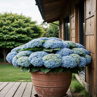 (best quality,8K,highres,masterpiece), ultra-detailed, (photo-realistic, lifelike) photography showcasing the vibrant beauty of  skyblue Hydrangeas in full bloom. 
On the red and large flower pot, 
Background: deck of old house, green grasses 
