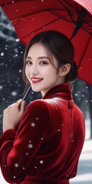 Generate hyper realistic image of a scene featuring a woman in a stylish red velvet jumpsuit, smiling under red umbrella, frontal shot, surrounded by a winter wonderland with snow-covered trees and sparkling icicles, capturing the magic of a snowy Christmas evening.Extremely Realistic, up close, ,Masterpiece,r4w photo,koh_yunjung