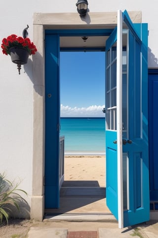 flower, outdoors, day, water, tree, no humans, traditional media, beach, plant, red flower, scenery, cobalt color door,  sea seen through the open door