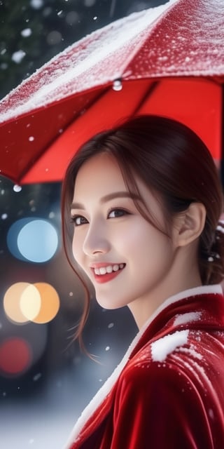 Generate hyper realistic image of a scene featuring a woman in a stylish red velvet jumpsuit, smiling under red umbrella, frontal shot, surrounded by a winter wonderland with snow-covered trees and sparkling icicles, capturing the magic of a snowy Christmas evening.Extremely Realistic, up close, ,Masterpiece,r4w photo,koh_yunjung