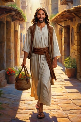 Jesus looking forward, his face smiling, his face is a typical round and thin Jew, with a thin body, dressed as a simple carpenter from the time of Christ, dark beard, dark and very curly hair, humble and very modest clothing common to Nazareth, her thin leather belt, she carries a leather bag of the time, she wears sandals on her feet, walks around the city.

colorful, ultra highly detailed, 32k, fantastic realism complex background, dynamic lighting, lights, digital painting, intricate pose, highly detailed intricate, stunning, textures, iridescent and luminescent flakes, dazzling beauty, pure perfection, divine presence, unforgettable, stunning , volumetric light, auras, rays, vivid color reflections, sf, greg rutkowski, Detailmaster.