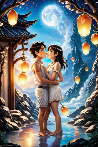 (Masterpiece, Best Quality: 1.5), Alpacifista. beautiful gemstones, shiny, milky skin, one pair of stunningly adorable Taiwanese teen couple with smiles (a big-eyes pretty cute Taiwanese girl kissing a handsome Taiwanese teen boy), 16K image quality, a handsome Taiwanese teen-boy standing next to a beautiful Taiwanese teen-girl, sakimichan and makoto shinkai, (((yoshinari yoh))), 16K, ​​swarovski Peach Moonstone, Peach Moonstone ​​gemstone, Moonstone lanterns with diamond decorated, white diamond decorated glowing-luminous-flowering tiny lanterns in background, full of magic Peach Moonstones, moonlight filter, intricate details, very high details, sharp background, mysticism, Peach Moonstone romantic Moonlight Fairy Tale, Magic, 16K Quality, (Beautifully Detailed Face and Fingers), (Five Fingers) Each Hand, glowing effects,ral-chrcrts,moonster