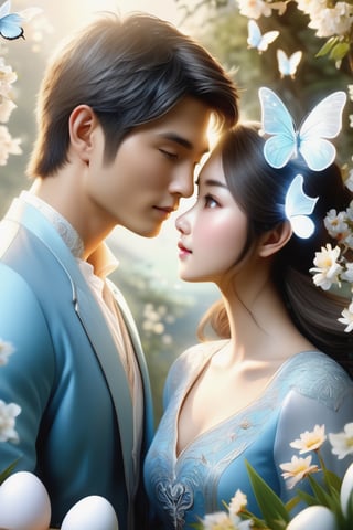 (Fidelity: 1.4), (Masterpiece, Best Quality: 1.5), Ultra High Resolution, Poster, Fantasy Art, Very Detailed Faces, 32K resolution, Chinese Style, a young romantic Taiwan couple close-up, Taiwan handsome boy and Taiwan pretty girl play with fantasy Easter bunnies and Easter Eggs in the fantasy eggland, best romance, Side Face, Quiet, Pale Blue outfits, Dark Brown Hair, white Ornament, White Ribbon, White Flower Bush, Light Blue Butterfly Flying, cinematic lighting effects, 