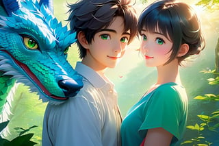 (Masterpiece, Best Quality: 1.5), 32K Magical Fantasy Romantic Line Art, Alpacifista. young, shiny, milky skin, a stunningly amazingly adorable big-eyes ((Taiwanese-teenage-couple)), who look like (sakimichan and makoto shinkai), 1boy and 1girl side by side, in a shimmering azure forest, a young Taiwanese teenage couple stroll hand in hand, accompanied by their beloved green schnauzer with head horns. The trio is bathed in the soft glow of the cerulean sky and the brilliant azure sun descending in the background. This dynamic and vivid image, likely a detailed painting, captures the couple's carefree spirit and the bond they share with their loyal canine companion. The rich hues and intricate details create a mesmerising scene that exudes tranquillity and harmony. intricate details, very high details, sharp background, mysticism, (Magic), 32K, 32K Quality close-up, (Beautifully Detailed Face and Fingers), (Five Fingers) Each Hand, creative glowing effect,DonM3lv3nM4g1cXL,stworki,dragon,DonMB4nsh33XL ,potma style,shards,Disney pixar style,Dragon,aki,aoki,glass,brocken glass