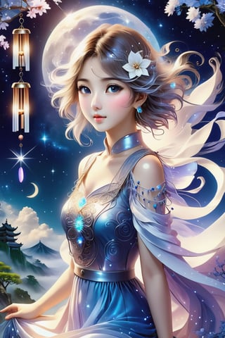 (Masterpiece, Best Quality: 1.5), Poser Art, 32K magical romantic (Taiwanese manga style:2), young cute romantic Taiwanese (hetero-couple close-up), full body, big eyes, detailed face and fingers, short-haired Taiwanese handsome young man and his beautiful Taiwanese girlfriend walk through wind chime cloister in a starry swirling whirlpool of bright lighting blue-white gradient hues, (wind chimes:2), tiny wind chimes, best starlight romance, blue-white gradient filter, exquisite quality, 32K, 32K high quality, intricate lighting, luminism, very high details, sharp background, mysticism, (Magic), 32K, 32K (close-up), 32K (Beautifully Detailed Face and Fingers), (Five Fingers), cinematic glowing light effects,DonMW15pXL