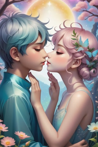 32K digital painting of 1boy-kiss-1girl by a soft anime-style nestled in a dreamscape, inspired by Nara Yoshitomo featuring pastel shades, whimsical creatures, interweaving Jeremiah Ketner's delicate flora and subtle surrealism, for a children's book illustration, gentle, ethereal, diffused natural light, intricate details, very high details, sharp background, mysticism, (Magic), 32K, 32K Quality close-up, (Beautifully Detailed Face and Fingers), (Five Fingers) Each Hand, creative glowing effect,aki