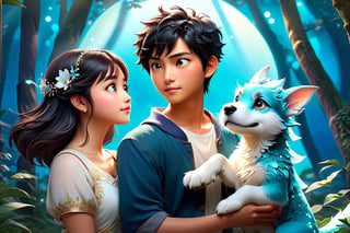 (Masterpiece, Best Quality: 1.5), 32K Magical Fantasy Romantic Line Art, Alpacifista. young, shiny, milky skin, a stunningly amazingly adorable big-eyes ((Taiwanese-teenage-couple)), who look like (sakimichan and makoto shinkai), 1boy and 1girl side by side, in a shimmering azure forest, a young Taiwanese teenage couple stroll hand in hand, accompanied by their beloved green schnauzer with head horns. The trio is bathed in the soft glow of the cerulean sky and the brilliant azure sun descending in the background. This dynamic and vivid image, likely a detailed painting, captures the couple's carefree spirit and the bond they share with their loyal canine companion. The rich hues and intricate details create a mesmerising scene that exudes tranquillity and harmony. intricate details, very high details, sharp background, mysticism, (Magic), 32K, 32K Quality close-up, (Beautifully Detailed Face and Fingers), (Five Fingers) Each Hand, creative glowing effect,DonM3lv3nM4g1cXL,stworki,dragon,DonMB4nsh33XL ,potma style,shards,Disney pixar style