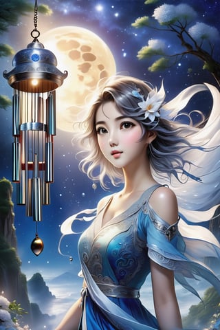 (Masterpiece, Best Quality: 1.5), Poser Art, 32K magical romantic (Taiwanese manga style:2), young cute romantic Taiwanese (hetero-couple close-up), full body, big eyes, detailed face and fingers, short-haired Taiwanese handsome young man and his beautiful Taiwanese girlfriend walk through wind chime cloister in a starry swirling whirlpool of bright lighting blue-white gradient hues, (wind chimes:2), tiny wind chimes, best starlight romance, blue-white gradient filter, exquisite quality, 32K, 32K high quality, intricate lighting, luminism, very high details, sharp background, mysticism, (Magic), 32K, 32K (close-up), 32K (Beautifully Detailed Face and Fingers), (Five Fingers), cinematic glowing light effects,DonMW15pXL