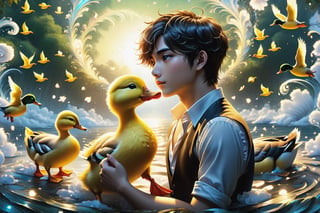 (masterpiece:1.5), (best quality:1.5), (ultra-detailed:1.5), (32K resolution:1.5), (close-up:1.2), 32K magical romantic Taiwanese comic art style, young cute romantic Taiwanese heterosexual close-up, full body, big eyes, detailed face and fingers, short-haired Taiwanese handsome boy and his beautiful Taiwanese girlfriend feeding ducks, many ducks, yellow ducks in a swirling whirlpool of golden hues, an intense emotion dances on the canvas,