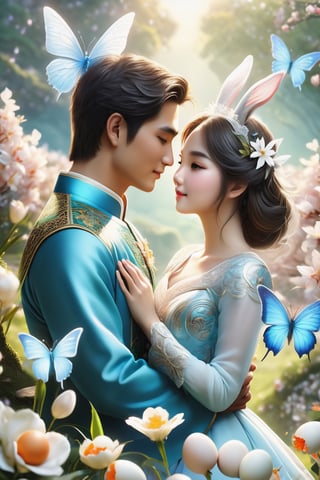 (Fidelity: 1.4), (Masterpiece, Best Quality: 1.5), Ultra High Resolution, Poster, Fantasy Art, Very Detailed Faces, 32K resolution, Chinese Style, a young romantic Taiwan couple close-up, Taiwan handsome boy and Taiwan pretty girl play with fantasy Easter bunnies and Easter Eggs in the fantasy eggland, best romance, Side Face, Quiet, Pale Blue outfits, Dark Brown Hair, white Ornament, White Ribbon, White Flower Bush, Light Blue Butterfly Flying, cinematic lighting effects, 