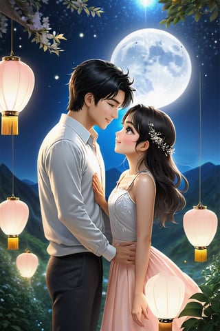 (Masterpiece, Best Quality: 1.5), Alpacifista. beautiful gemstones, shiny, milky skin, one pair of stunningly adorable Taiwanese teen couple with smiles (a big-eyes pretty cute Taiwanese girl kissing a handsome Taiwanese teen boy), 16K image quality, a handsome Taiwanese teen-boy standing next to a beautiful Taiwanese teen-girl, sakimichan and makoto shinkai, (((yoshinari yoh))), 16K, ​​swarovski Peach Moonstone, Peach Moonstone ​​gemstone, Moonstone lanterns with diamond decorated, white diamond decorated glowing-luminous-flowering tiny lanterns in background, full of magic Peach Moonstones, moonlight filter, intricate details, very high details, sharp background, mysticism, Peach Moonstone romantic Moonlight Fairy Tale, Magic, 16K Quality, (Beautifully Detailed Face and Fingers), (Five Fingers) Each Hand, glowing effects