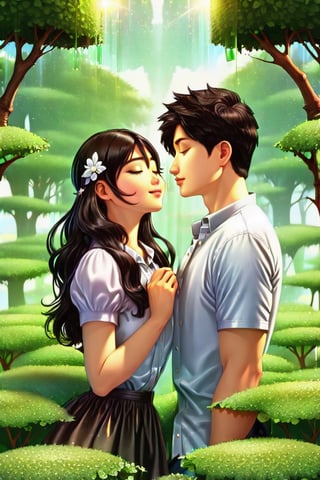 (Masterpiece, Best Quality: 1.5), 32K Magical Fantasy Romantic Clover Line Art, Alpacifista. 32K 3d digital painting. a shiny, milky skin, young, stunningly amazingly adorable big-eyes ((Taiwanese couple:2)), look like (sakimichan and makoto shinkai) style, 32K 3D fantasy digital painting of a young romantic Taiwanese couple close-up, full body, detailed face, look like (sakimichan and makoto shinkai) style, Taiwanese handsome boy and Taiwanese pretty girl have romantic kissing moment stand on Clover treehouse in clover treehouse-land, surrounded by unimaginable Clover clusters, 32K close-up