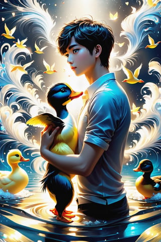 (masterpiece:1.5), (best quality:1.5), (ultra-detailed:1.5), (32K resolution:1.5), (close-up:1.2), 32K magical romantic Taiwanese comic art style, young cute romantic Taiwanese heterosexual close-up, full body, big eyes, detailed face and fingers, short-haired Taiwanese handsome boy and his beautiful Taiwanese girlfriend feeding ducks, many ducks, yellow ducks in a swirling whirlpool of golden hues, an intense emotion dances on the canvas,