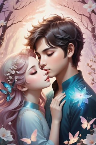 32K digital painting of 1boy-kiss-1girl by a soft anime-style nestled in a dreamscape, inspired by Nara Yoshitomo featuring pastel shades, whimsical creatures, interweaving Jeremiah Ketner's delicate flora and subtle surrealism, for a children's book illustration, gentle, ethereal, diffused natural light, intricate details, very high details, sharp background, mysticism, (Magic), 32K, 32K Quality close-up, (Beautifully Detailed Face and Fingers), (Five Fingers) Each Hand, creative glowing effect,