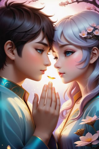 32K digital painting of 1boy-kiss-1girl by a soft anime-style nestled in a dreamscape, inspired by Nara Yoshitomo featuring pastel shades, whimsical creatures, interweaving Jeremiah Ketner's delicate flora and subtle surrealism, for a children's book illustration, gentle, ethereal, diffused natural light, intricate details, very high details, sharp background, mysticism, (Magic), 32K, 32K Quality close-up, (Beautifully Detailed Face and Fingers), (Five Fingers) Each Hand, creative glowing effect,aki