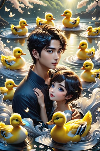 (masterpiece:1.5), (best quality:1.5), (ultra-detailed:1.5), (32K resolution:1.5), (close-up:1.2), 32K magical romantic Taiwanese comic art style, young cute romantic Taiwanese heterosexual close-up, full body, big eyes, detailed face and fingers, short-haired Taiwanese handsome boy and his beautiful Taiwanese girlfriend feeding ducks, many ducks, yellow ducks in a swirling whirlpool of golden hues, an intense emotion dances on the canvas,