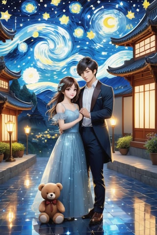 (Fidelity: 1.0), (Masterpiece, Best Quality: 1.5), 32K magical romantic Taiwanese manga painting style, pure water in the shape of (ornate Taiwanese adorable hetersexual-couple), shorthair-man, (girl with brown long flowing hair), (bright beautiful big-eyes), blending in van Gogh's starry night style, mixed with Teddy bear style, blue-grey filter, 32K, intricate lighting, luminism, sharp starlight glass background, (Magic), 32K, 32K (Beautifully Detailed Face and Hands), cinematic glowing light effects