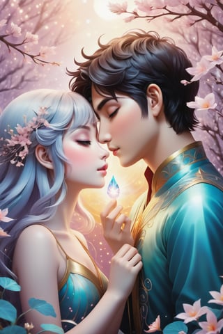 32K digital painting of 1boy-kiss-1girl by a soft anime-style nestled in a dreamscape, inspired by Nara Yoshitomo featuring pastel shades, whimsical creatures, interweaving Jeremiah Ketner's delicate flora and subtle surrealism, for a children's book illustration, gentle, ethereal, diffused natural light, intricate details, very high details, sharp background, mysticism, (Magic), 32K, 32K Quality close-up, (Beautifully Detailed Face and Fingers), (Five Fingers) Each Hand, creative glowing effect,