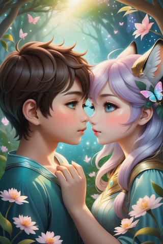 32K digital painting of 1boy-kiss-1girl by a soft anime-style nestled in a dreamscape, inspired by Nara Yoshitomo featuring pastel shades, whimsical creatures, interweaving Jeremiah Ketner's delicate flora and subtle surrealism, for a children's book illustration, gentle, ethereal, diffused natural light, intricate details, very high details, sharp background, mysticism, (Magic), 32K, 32K Quality close-up, (Beautifully Detailed Face and Fingers), (Five Fingers) Each Hand, creative glowing effect,aki