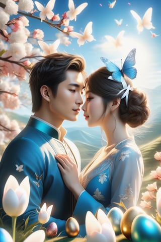 (Fidelity: 1.4), (Masterpiece, Best Quality: 1.5), Ultra High Resolution, Poster, Fantasy Art, Very Detailed Faces, 32K resolution, Chinese Style, a young romantic Taiwan couple close-up, Taiwan handsome boy and Taiwan pretty girl play with fantasy Easter bunnies and Easter Eggs in the fantasy eggland, best romance, Side Face, Quiet, Pale Blue outfits, Dark Brown Hair, white Ornament, White Ribbon, White Flower Bush, Light Blue Butterfly Flying, cinematic lighting effects, 