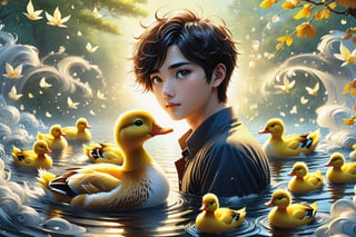 (masterpiece:1.5), (best quality:1.5), (ultra-detailed:1.5), (32K resolution:1.5), (close-up:1.2), 32K magical romantic Taiwanese comic art style, young cute romantic Taiwanese heterosexual close-up, full body, big eyes, detailed face and fingers, short-haired Taiwanese handsome boy and his beautiful Taiwanese girlfriend feeding ducks, many ducks, yellow ducks in a swirling whirlpool of golden hues, an intense emotion dances on the canvas,