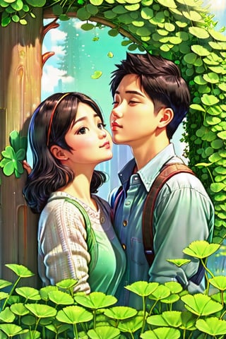 (Masterpiece, Best Quality: 1.5), 32K 3d digital painting. a shiny, milky skin, young, stunningly amazingly adorable big-eyes ((Taiwanese couple:2)), look like (sakimichan and makoto shinkai) style, 32K 3D fantasy digital painting of a young romantic Taiwanese couple close-up, full body, detailed face, look like (sakimichan and makoto shinkai) style, Taiwanese handsome boy and Taiwanese pretty girl have romantic kissing moment stand on Clover treehouse in clover treehouse-land, surrounded by unimaginable Clover clusters, 32K close-up