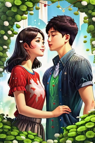 (Masterpiece, Best Quality: 1.5), 32K 3d digital painting. a shiny, milky skin, young, stunningly amazingly adorable big-eyes ((Taiwanese couple:2)), look like (sakimichan and makoto shinkai) style, 32K 3D fantasy digital painting of a young romantic Taiwanese couple close-up, full body, detailed face, look like (sakimichan and makoto shinkai) style, Taiwanese handsome boy and Taiwanese pretty girl have romantic kissing moment stand on Clover treehouse in clover treehouse-land, surrounded by unimaginable Clover clusters, 32K close-up