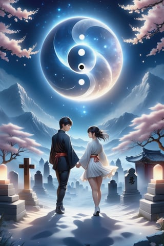 (masterpiece:1.5), (best quality:1.5), (ultra-detailed:1.5), (32K resolution:1.5), (close-up:1.2), 32K Magical Fantasy Romantic Korean Manga Art style of a young adorable romantic Taiwanese heter-couple close-up, full body, big-eyes, detailed face and fingers, Taiwanese handsome short-hair young man and his Taiwanese pretty girlfriend present Yin-Yang (Tai-Chi) Diagram in graveyard for Ching Ming Festival,DonMW15pXL,DonM5cy7h3XL,DonMD34thM4g1cXL,DonMSn0wM4g1cXL