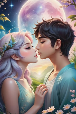 32K digital painting of 1boy-kiss-1girl by a soft anime-style nestled in a dreamscape, inspired by Nara Yoshitomo featuring pastel shades, whimsical creatures, interweaving Jeremiah Ketner's delicate flora and subtle surrealism, for a children's book illustration, gentle, ethereal, diffused natural light, intricate details, very high details, sharp background, mysticism, (Magic), 32K, 32K Quality close-up, (Beautifully Detailed Face and Fingers), (Five Fingers) Each Hand, creative glowing effect,aki