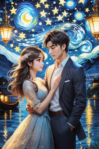 (Fidelity: 1.0), (Masterpiece, Best Quality: 1.5), 32K magical romantic Taiwanese manga painting style, pure water in the shape of (ornate Taiwanese adorable hetersexual-couple), shorthair-man, (girl with brown long flowing hair), (bright beautiful big-eyes), blending in van Gogh's starry night style, mixed with Teddy bear style, blue-grey filter, 32K, intricate lighting, luminism, sharp starlight glass background, (Magic), 32K, 32K (Beautifully Detailed Face and Hands), cinematic glowing light effects