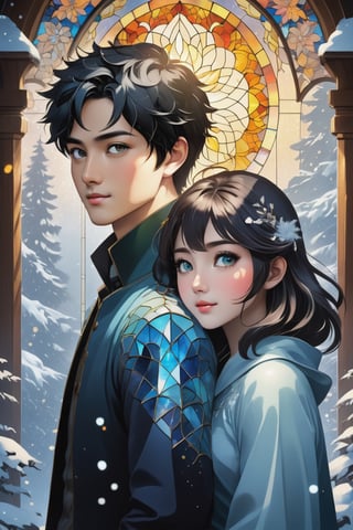 (Masterpiece, Best Quality: 1.5), 32K mail art, , Alpacifista.fantasy, fairytale, detailed splatter ink, dynamic poster, comic style art, black colours, young, shiny, milky skin, a stunningly amazingly adorable big-eyes ((Taiwanese teenage couple)), in (sakimichan and makoto shinkai) style, 1boy and 1girl side by side, perfect handsome-beauty, best romance, winter time, holiday, detail face, perfect haired, gradation colour hair, anime, mysterious background: small cabin terrace, winter, smile expression, dynamic pose, light on face, shadow play, perfect face, sharp glowing perfect eyes, by James Jean, Craola, Andy Kehoe, Dorian Vallejo, Damian Lechoszest, Todd Lockwood, patchwork, stained glass, storybook illustration, highly detailed unusual beautiful details,  tiny details masterpiece, intricate details, very high details, sharp background, mysticism, (Magic), 32K, 32K Quality close-up, (Beautifully Detailed Face and Fingers), (Five Fingers) Each Hand, creative glowing effect, aki
,shards