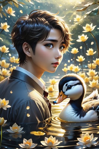 (masterpiece:1.5), (best quality:1.5), (ultra-detailed:1.5), (32K resolution:1.5), (close-up:1.2), 32K magical romantic Taiwanese comic art style, young cute romantic Taiwanese heterosexual close-up, full body, big eyes, detailed face and fingers, short-haired Taiwanese handsome boy and his beautiful Taiwanese girlfriend feeding ducks, many ducks, yellow ducks in a swirling whirlpool of golden hues, an intense emotion dances on the canvas,