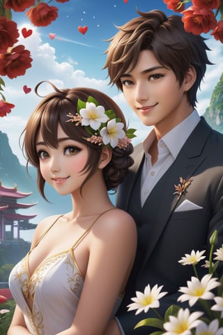 32K Magical Fantasy Sweet Valentine Line Art, Alpacifista. In this breathtaking image, a stunningly adorable sexy Taiwanese smiling teenage couple, who look like (sakimichan and makoto shinkai), in the most romantic sexy scenes ever, sexy couple, half-naked with flowers covered, intricate detail, very high detail, sharp background, mysticism, (magic), 32k, 32K quality, (beautifully detailed face and fingers), (five fingers) on each hand, creative fantasy glow effect,shards