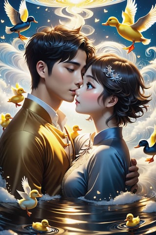 (masterpiece:1.5), (best quality:1.5), (ultra-detailed:1.5), (32K resolution:1.5), (close-up:1.2), 32K magical romantic Taiwanese comic art style, young cute romantic Taiwanese heterosexual close-up, full body, big eyes, detailed face and fingers, short-haired Taiwanese handsome boy and his beautiful Taiwanese girlfriend feeding ducks, many ducks, yellow ducks in a swirling whirlpool of golden hues, an intense emotion dances on the canvas,